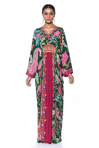 Emerald Kaftan with Hand Bead Embroidery. Perfect for cocktail parties, festive gatherings, or resort wear, this Royal Paisley Kaftan is the epitome of luxury fashion. Vibrant Indo-Western Fusion Dress for women.