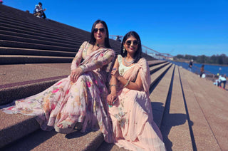 Leela Lane models in Paulmi and Harsh Predraped Prestitched Floral Chic Sarees Posing in front of Opera House Sydney. 