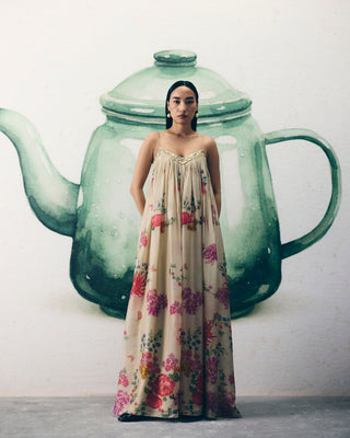 Modern ivory floral organza silk jumpsuit with jacket ideal for party wear, formal gatherings, resort wear, vacations, holiday outfits, soirées, and wedding receptions.