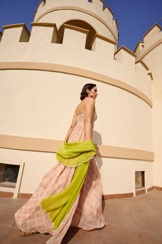 Side and Back view of the Ease geometric print Anarkali dress highlighting the flowing longline silhouette and elegant tailoring.