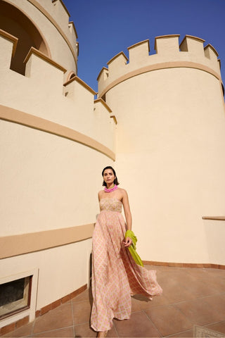 Full-length view showing the beautiful flare and elegant drape of the Ease designer geometric print Anarkali suit at Leela Lane.