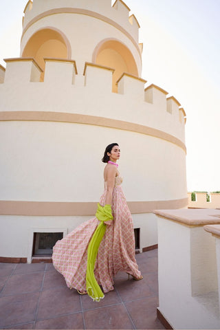 Full-length view showing the beautiful flare and elegant drape of the Ease designer geometric print Anarkali suit at Leela Lane.