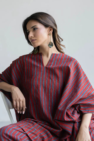 Iro red and blue striped cotton kaftan top and pant co-ord set, boho resort wear - notched V-neck and stripe detail