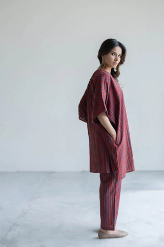 Iro red and blue striped cotton kaftan top and pant co-ord set, boho resort wear - side view with pockets