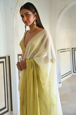 Olive-ombre drape transitioning from ivory to olive green on this saree.