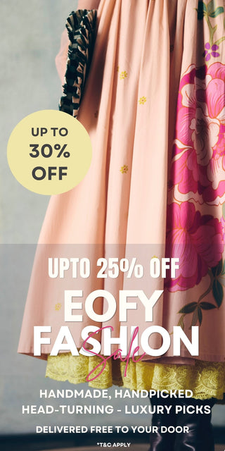 Promotional banner for EOFY Fashion with a dress and text about discounts and free delivery.