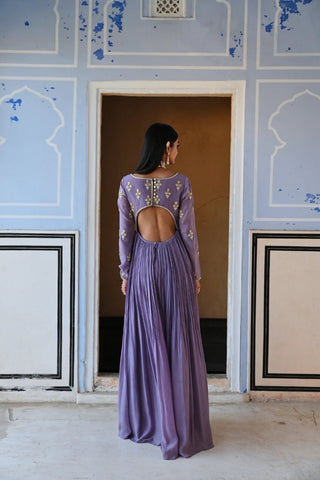 Back look of lilac V-neck floral butti embroidered Anarkali, featuring full sleeves and a matching dupatta — perfect for weddings and festive occasions.
