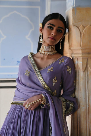 Pastel lilac V-neck embroidered Anarkali with delicate floral butti work and dupatta -a soft, feminine ethnic statement.