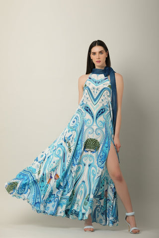 Paisley-printed blue dress with organza tie-up neck strap — perfect for beach vacations, sunset strolls, and resort dinners. Designed by Limerick.