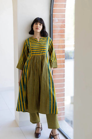 Vrajbhoomi Moss Leaf four-panel kurta set in mustard and green stripes, featuring a long cotton kurta with matching striped straight pants, perfect casual outings, travel and relaxed workday dressing.