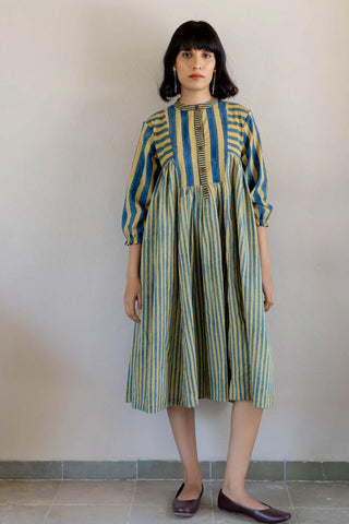 Mustard Moon indigo and mustard striped cotton pleated midi dress, boho holiday. Women's colourful printed summer dress, ideal for outdoor brunches, Stylish printed dress for a summer wedding guest outfit, suitable for daytime ceremonies and outdoor celebrations.