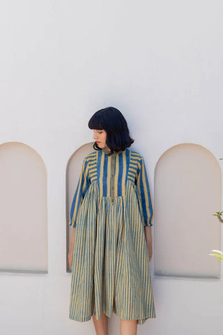 Mustard Moon indigo and mustard striped cotton pleated midi dress, boho holiday - summer holiday look