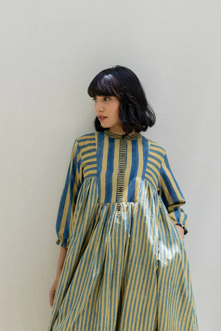 Mustard Moon indigo and mustard striped cotton pleated midi dress, boho holiday - mandarin collar and button front