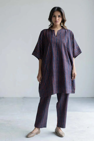 Navy and rust stripe cotton kaftan co-ord set with notch neckline, full front view