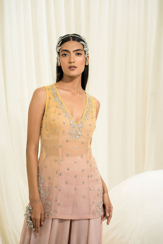 Elegant pink and yellow palazzo set designed with a modern flowing silhouette and soft feminine charm, perfect for effortless festive and contemporary occasion wear.
