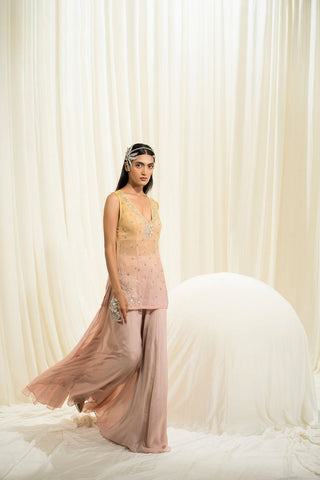 Elegant pink and yellow palazzo set designed with a modern flowing silhouette and soft feminine charm, perfect for effortless festive and contemporary occasion wear. Designed by Ease