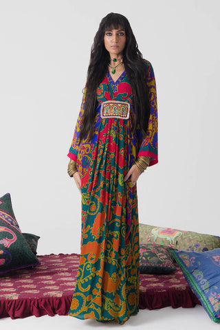 Orange Ombre, Green Tone Paisley Print, Pleated designer Kaftan with Hand Bead Embroidery. A Vibrant Indo-Western Fusion Dress for Resort Wear, Cocktail Parties, and Bohemian Ethnic Fashion.