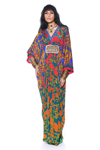 Orange Ombre, Green Tone Paisley Print, Pleated designer Kaftan. A Vibrant Indo-Western Fusion Dress for Resort Wear, Cocktail Parties, and Bohemian Ethnic Fashion.