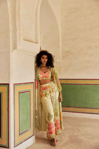 A pastel green and ivory placement jacket set is a perfect look for resort or beach side for brunch or summer weekend dress.