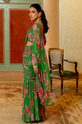Green and pink floral pre stitched georgette saree with full sleeve blouse. 