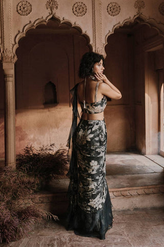 Back look navy blue pre stitched saree with Roop flip bird print and hand embroidery on pallu, paired with embroidered blouse, elegant women’s saree set perfect for weddings, festive wear, and parties.