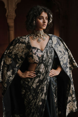 Women’s navy blue pre stitched saree featuring bird print with hand embroidered pallu and blouse, stylish ready to wear saree ideal for festive occasions, weddings, and evening events.