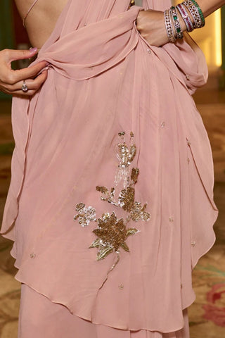 Detailed view of delicate floral hand embroidery and lace work on light pink pre-stitched saree.