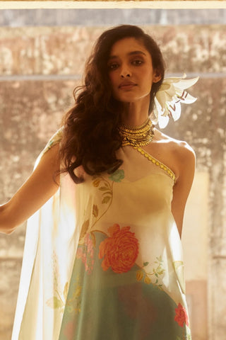 Closeup of Ivory Habutai Floral Printed One-Shoulder Tunic Set with straight cut Trouser.