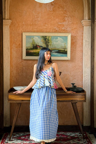 Paulmi and Harsh Elyseah Skirt Set displaying the continuous coordinated print, flattering silhouette and premium finish across the matching crop top and maxi skirt.