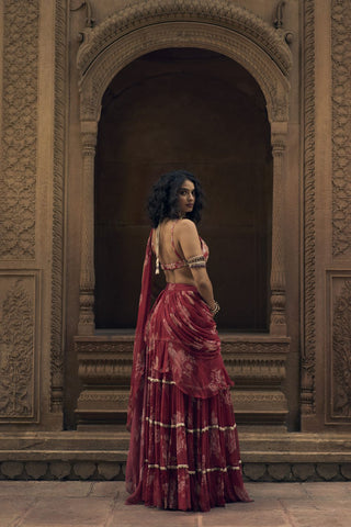 Side profile of the floral printed chiffon pre-draped saree, highlighting the embroidered lace pallu and fitted bralette-style blouse.