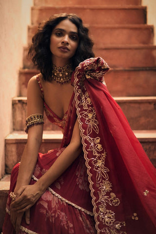 Designer floral chiffon saree with pre-draped styling and detailed lace embroidery, paired with a hand-embroidered bralette blouse.