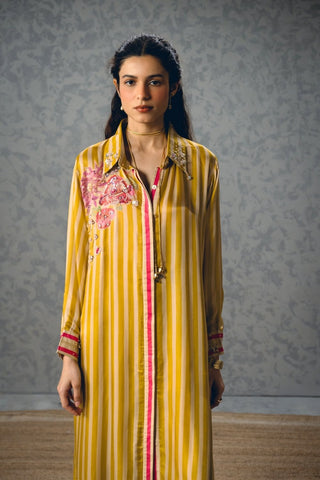 Close-up detail of the Lacey Kurta Set highlighting the mustard floral print, soft cotton flex texture and premium craftsmanship.