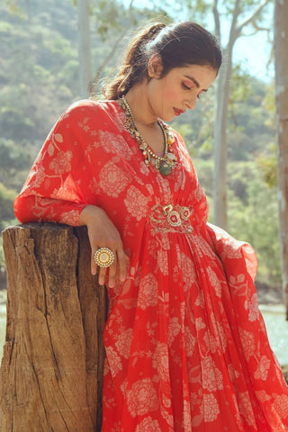 Red chintz printed kaftan for women with a hand-embroidered central patch, free-size design, and a comfortable, effortless drape ideal for everyday or festive wear.