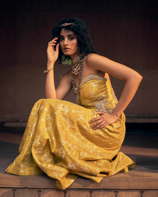 A self-woven Russian silver jacquard jumpsuit in a beautiful shade of yellow. A bridal or bridesmaid attire, can be a showstopper dress for bride's sister or a statement piece for groom's sister.