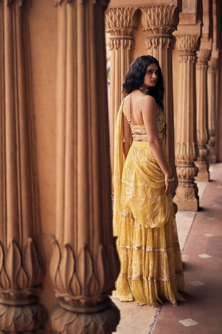 Designer floral chiffon saree with pre-draped styling and detailed lace embroidery, paired with a hand-embroidered bralette blouse.