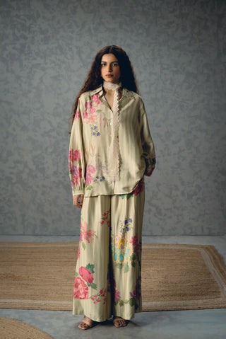 Aika pista green and white striped co-ord set by Paulmi and Harsh featuring delicate floral prints, a relaxed button-front shirt and coordinated pants for effortless daytime dressing.