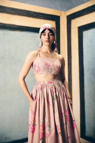 Alina three-piece designer outfit showcases a relaxed organza shirt layered over an embroidered bustier and floral skirt, delivering timeless elegance for evening occasions and soirées.
