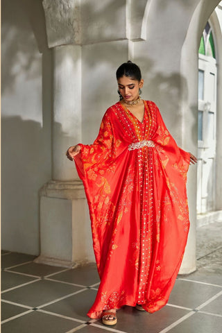 Contemporary festive kaftan crafted in silk organza with mirror accents, floral sequins, and vibrant multicolour prints.