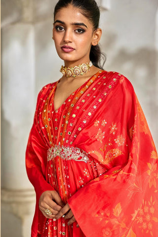 Designer silk organza kaftan with statement embroidery, colourful patterns, and festive artisanal detailing.