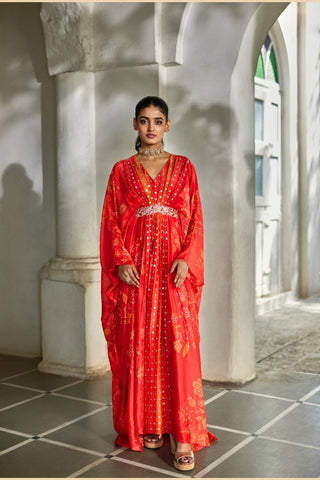 Elin Red Kaftan Set in silk organza featuring floral prints, colourful stripes, zari embroidery, sequins, mirror work, and matching slip. Perfect for festive gatherings, destination celebrations, resort wear, and special occasions.