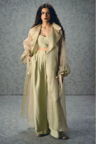 Lili sea green jacket set featuring a mint organza embroidered jacket, padded blouse, and matching pants, creating an elegant three-piece designer outfit for parties and special occasions.