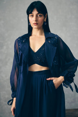 Elegant Nami embroidered jacket set blends airy organza with a coordinated bustier and tailored pants, making it an ideal luxury outfit for festive gatherings and evening parties.