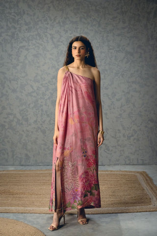 Penelope women's pink dress features a flowing relaxed silhouette and alluring side slit, balanced by an asymmetric one-shoulder design for sophisticated evening and occasion dressing.