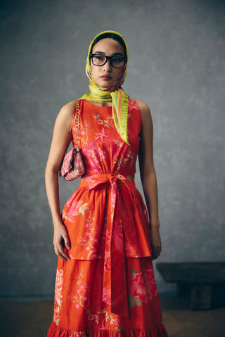 Selora gathered-waist summer dress in rust orange poplin, designed with delicate gathering and a fitted silhouette for elegant warm-weather occasion dressing.