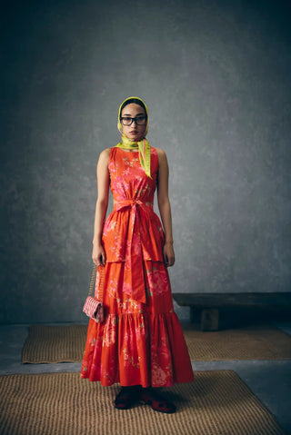 Selora rust orange floral maxi dress by Paulmi and Harsh featuring delicate gathering and a fitted bust and waist, creating a feminine silhouette for summer occasions.