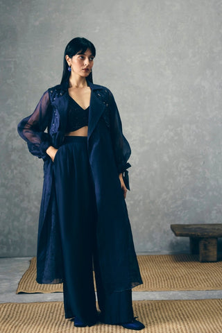 Stylish Nami designer outfit pairs an embroidered organza jacket with tailored pants and a fitted bustier, creating a sophisticated contemporary look for cocktail parties and soirées. Designed by Paulmi and Harsh