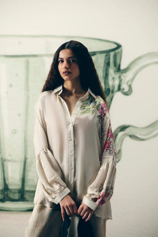 Close up Ivory Aika satin set for women offering effortless elegance and sophisticated designer appeal, ideal for wedding guest outfits, cocktail parties, festive celebrations and special occasions.
