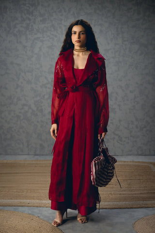 Nami burgundy three-piece set by Paulmi and Harsh featuring a pure organza jacket layered over a modal silk bustier and matching pants for sophisticated occasion dressing.
