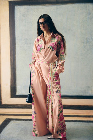 Ari Pink co-ord set in poplin fabric featuring delicate placement print with relaxed-fit shirt and tailored pants.