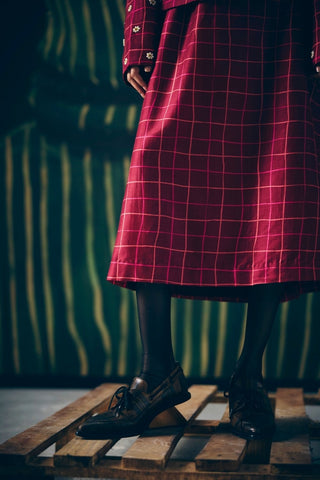 Wine-colored skirt set and silk organza shirt. Tailored fit, premium fabric construction, and elegant styling make it ideal for formal gatherings and celebrations.